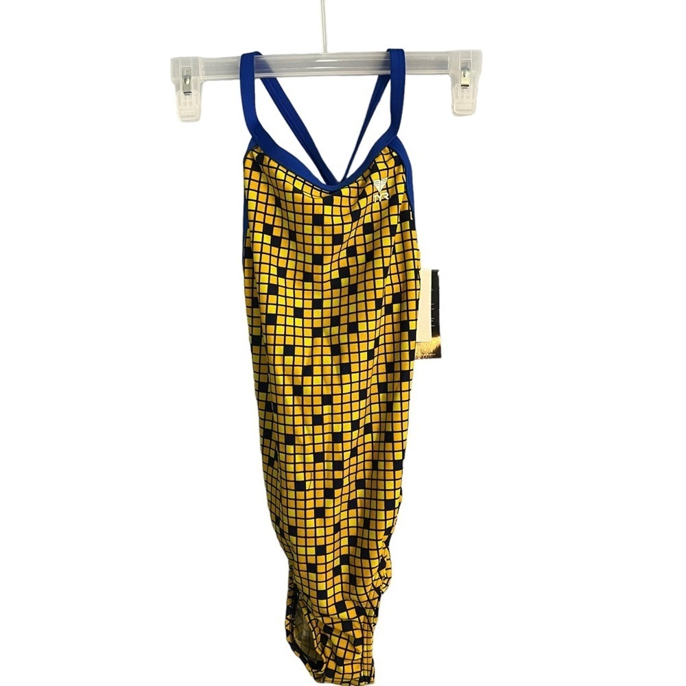 TYR Swimsuit One Piece Block Squares Yellow Black Open Back - Picture 9 of 13
